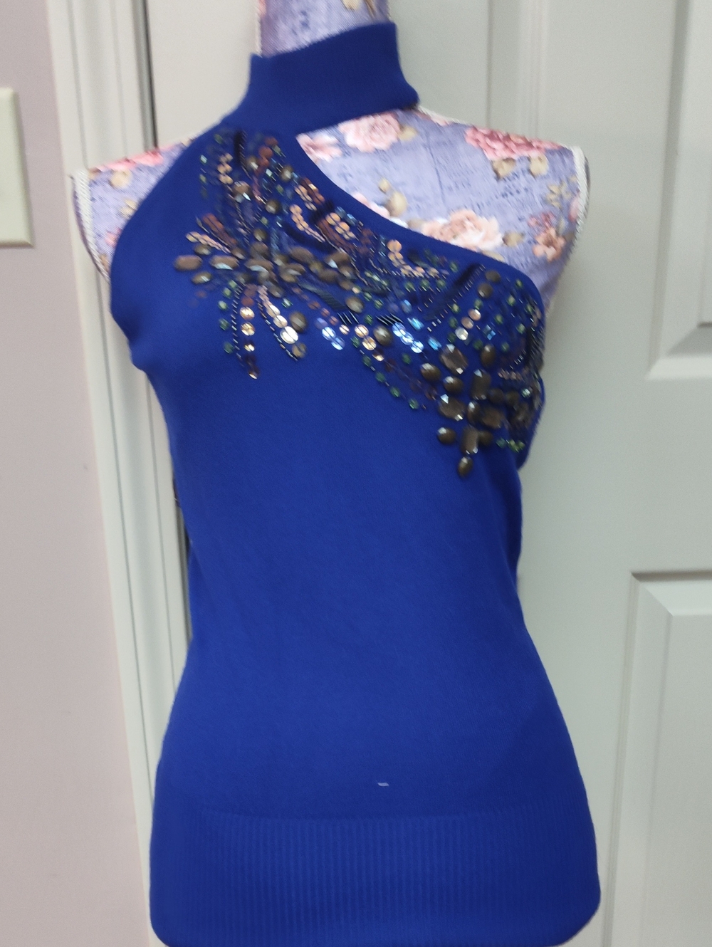 Cache Royal Blue One-Shoulder Embellished Tank